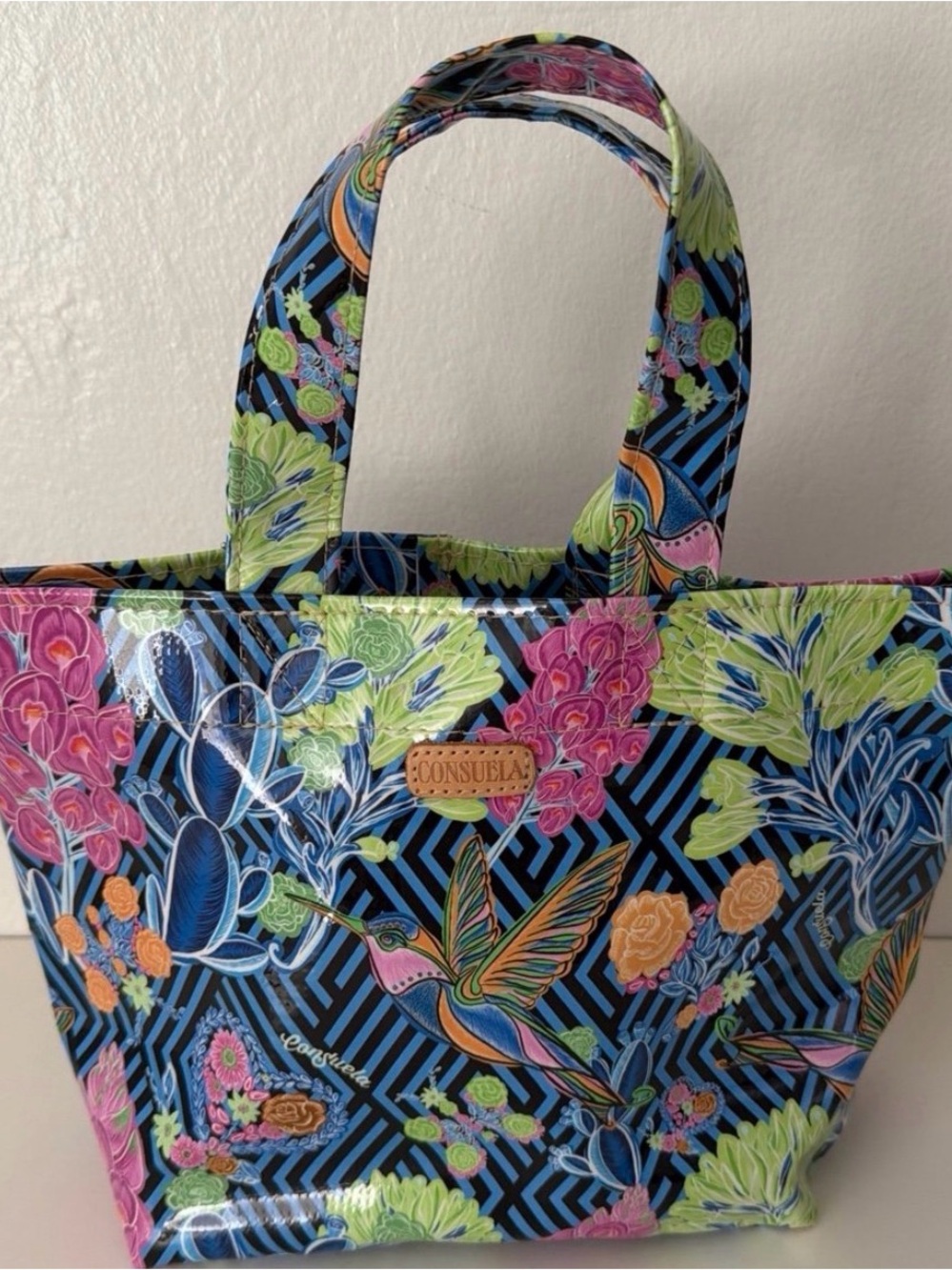MINI Consuela Grab N’ go Multi Floral Hummingbird Tote in Blue, Pink & Green